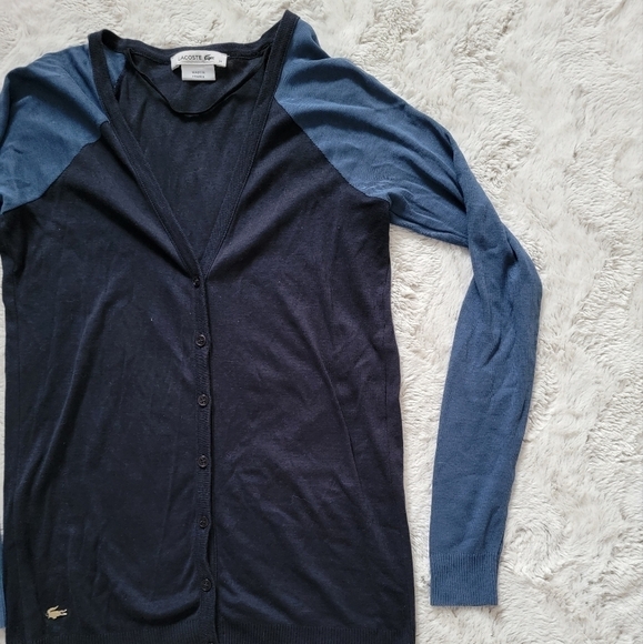 Lacoste Two Tone Blue Cotton Blend Button Up V Neck Cardigan Sweater Size 34 - Picture 3 of 11